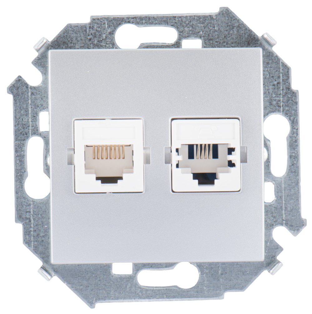 Simon 15 Алюминий Розетка ТЛФ + комп RJ11+RJ45 кат.5е фото