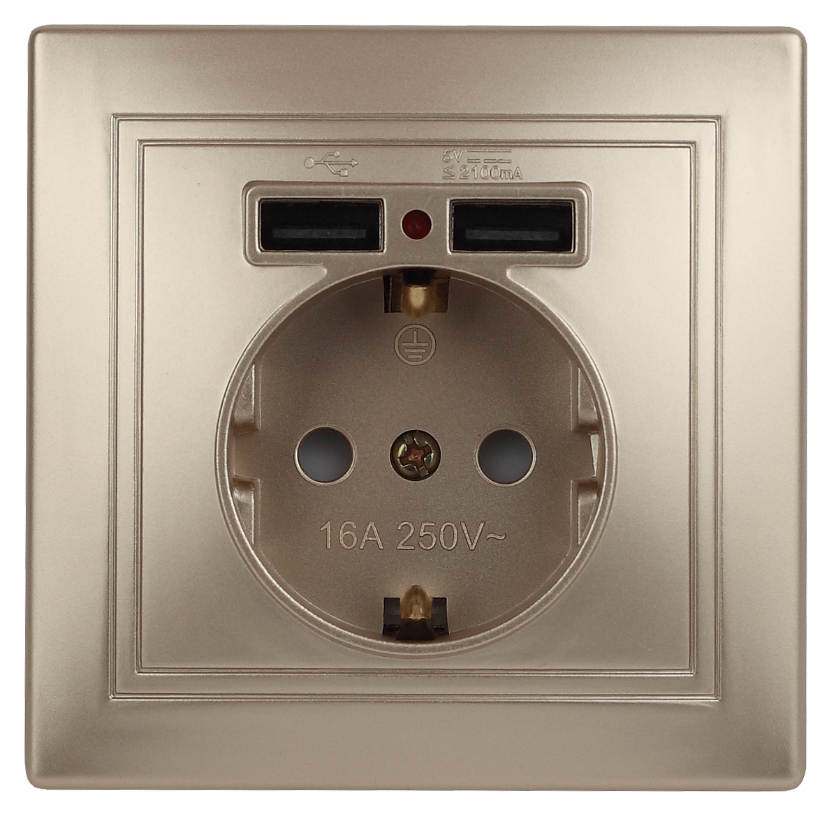 Intro Розетка Plano 1-410-04 с заземлением 2P+E Schuko со шторками, 16А-250В + 2хUSB 5В-2,1А, IP20, СУ, шампань фото