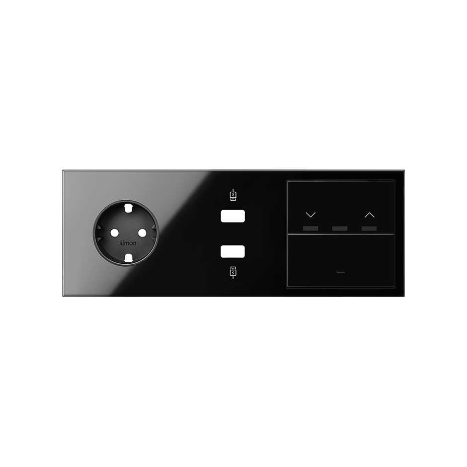 Simon 100 Черный глянец Кит 3 поста, фронт. Накладка на 1 розетку Schuko + 1 з/у 2xUSB + 1 клавиша выключателя + 1 клавиша жалюзи фото