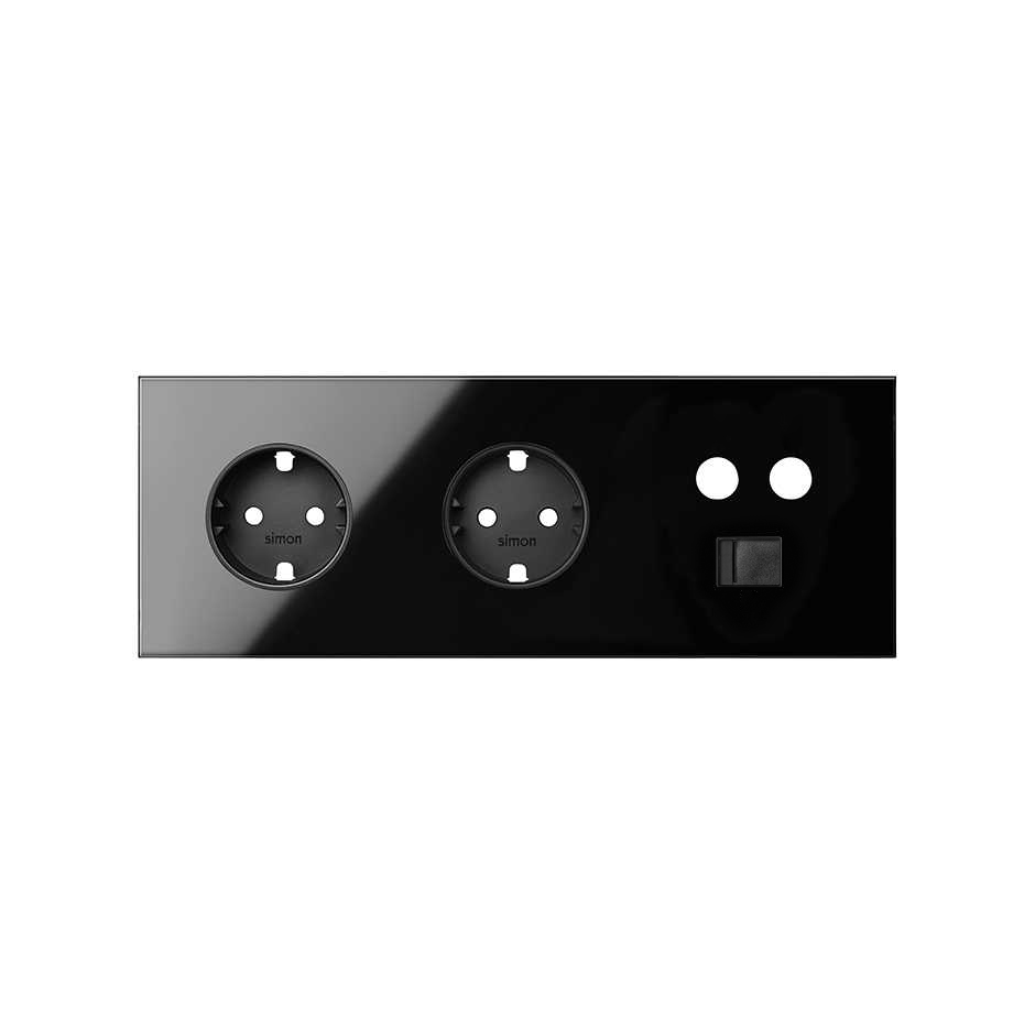 Simon 100 Черный глянец Кит 3 поста, фронт. Накладка на 2 розетки Schuko + 1 розетку TV + 1 розетку RJ45 фото