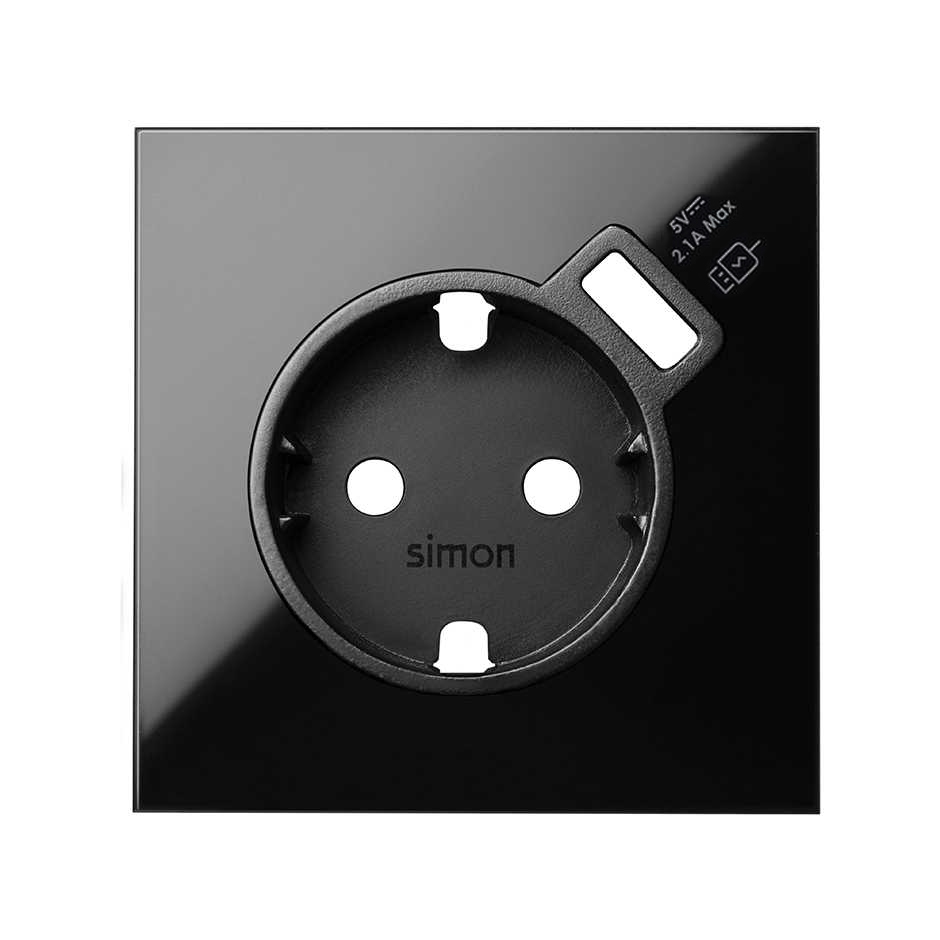 Simon 100 Черный глянец Накладка розетки Schuko с з/у USB SmartCharge фото