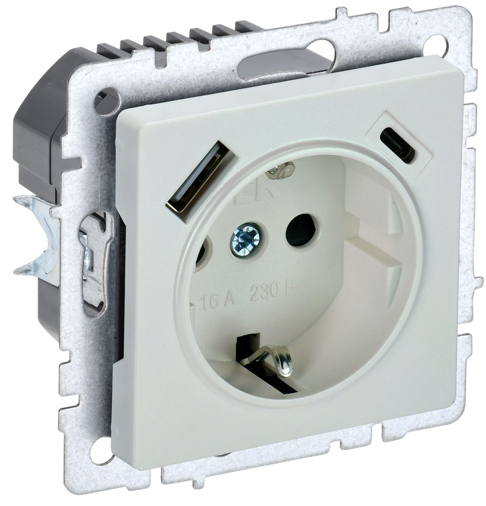 IEK BRITE BASE Жемчуг Розетка с з/к/ш 16А с USB A+C 18Вт РЮш11-1-БрЖ фото
