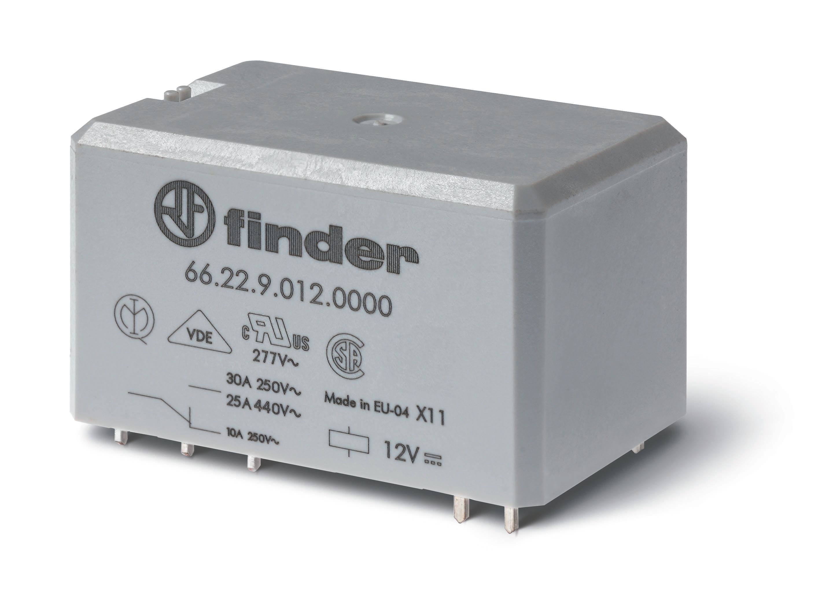 Finder Силовое электромеханическое реле; монтаж на печатную плату, раздвоенные выводы; 2CO 30A; контакты AgCdO; катушка 24В DC; степень защиты RTII; У фото
