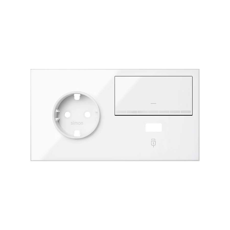 Simon 100 Белый глянец Кит 2 поста, фронт. Накладка на 1 розетку Schuko (слева) + 1 з/у USB SC + 1 клавиша светорегулятора фото