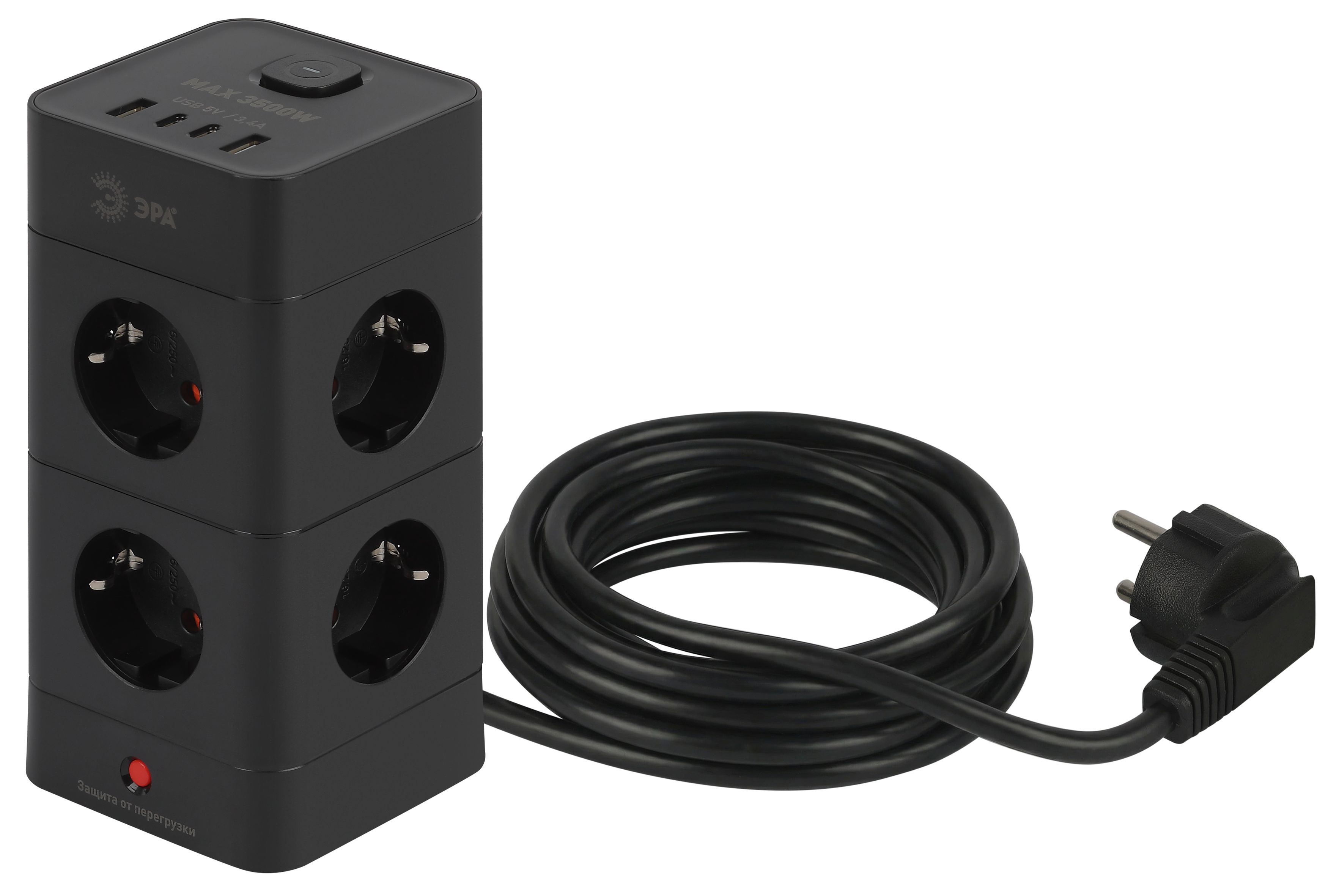 Сетевой фильтр ЭРА TWR-8es-1,5m-4USB-B башня с защитой заземлением с выключателем 8 розеток+4xUSBA+C 1,5м 16А черный фото