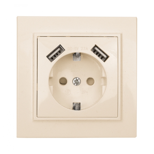 EKF Минск Розетка 1-местная СП с/з 16А бежевая с защ. штор. с 2 USB 2,1А фото