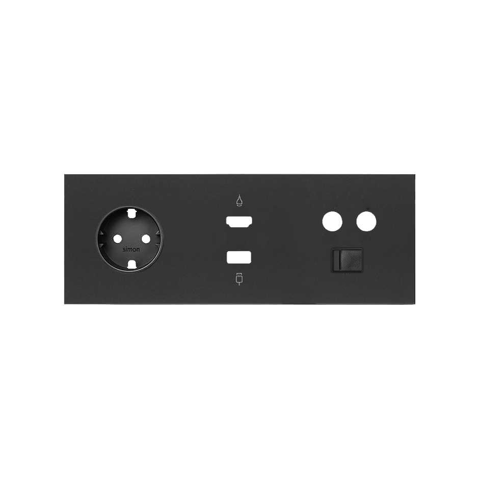 Simon 100 Черный матовый Кит 3 поста, фронт. Накладка на 1 розетку Schuko + 1 розетку TV + 1 розетку RJ45 + 1 розетку HDMI + 1 розетку USB фото