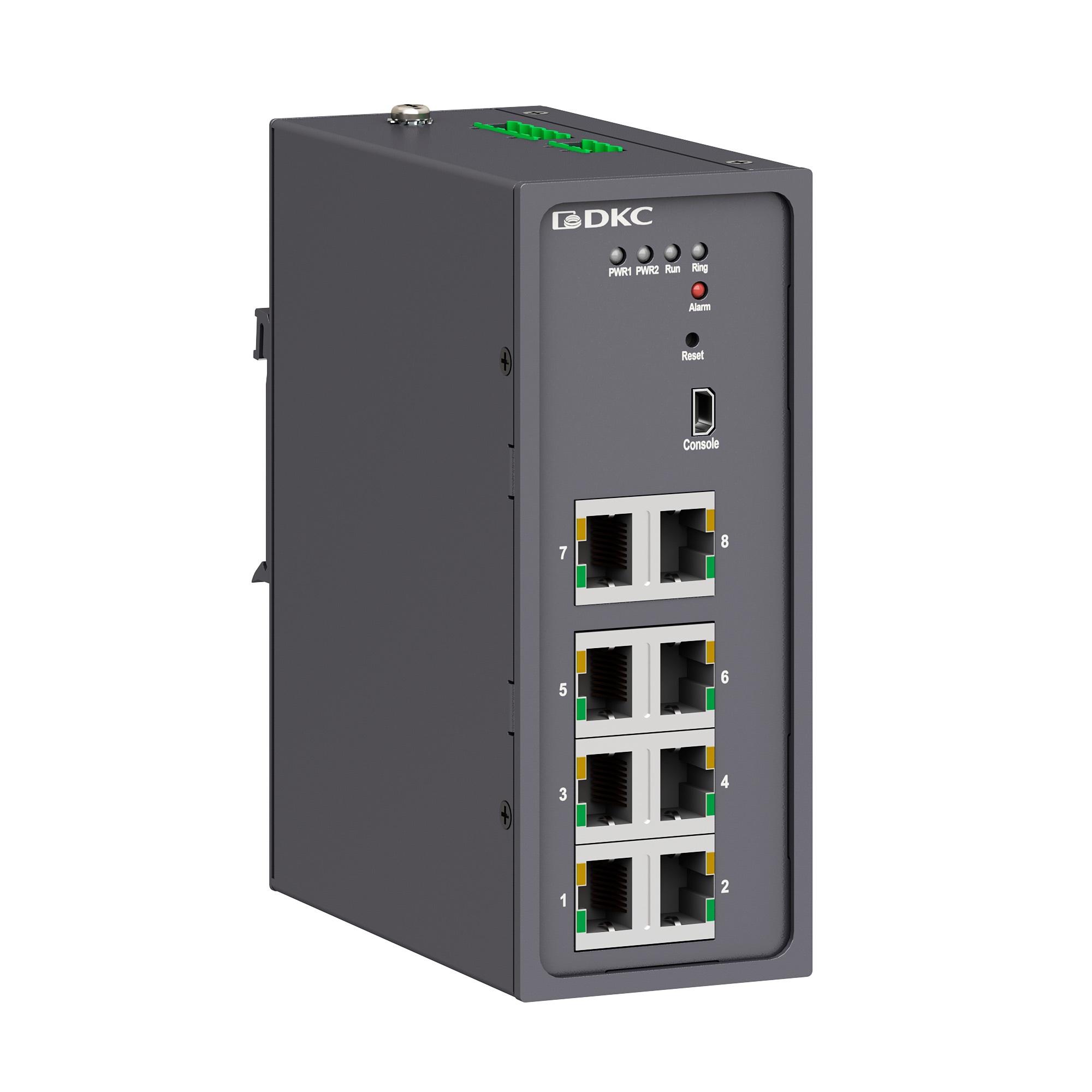 DKC Промышленный управляемый коммутатор, 8×10/100Base-T(X) портов RJ45, консольный порт Mini USB, 24-48В DC (18-72В DC), с резервированием фото