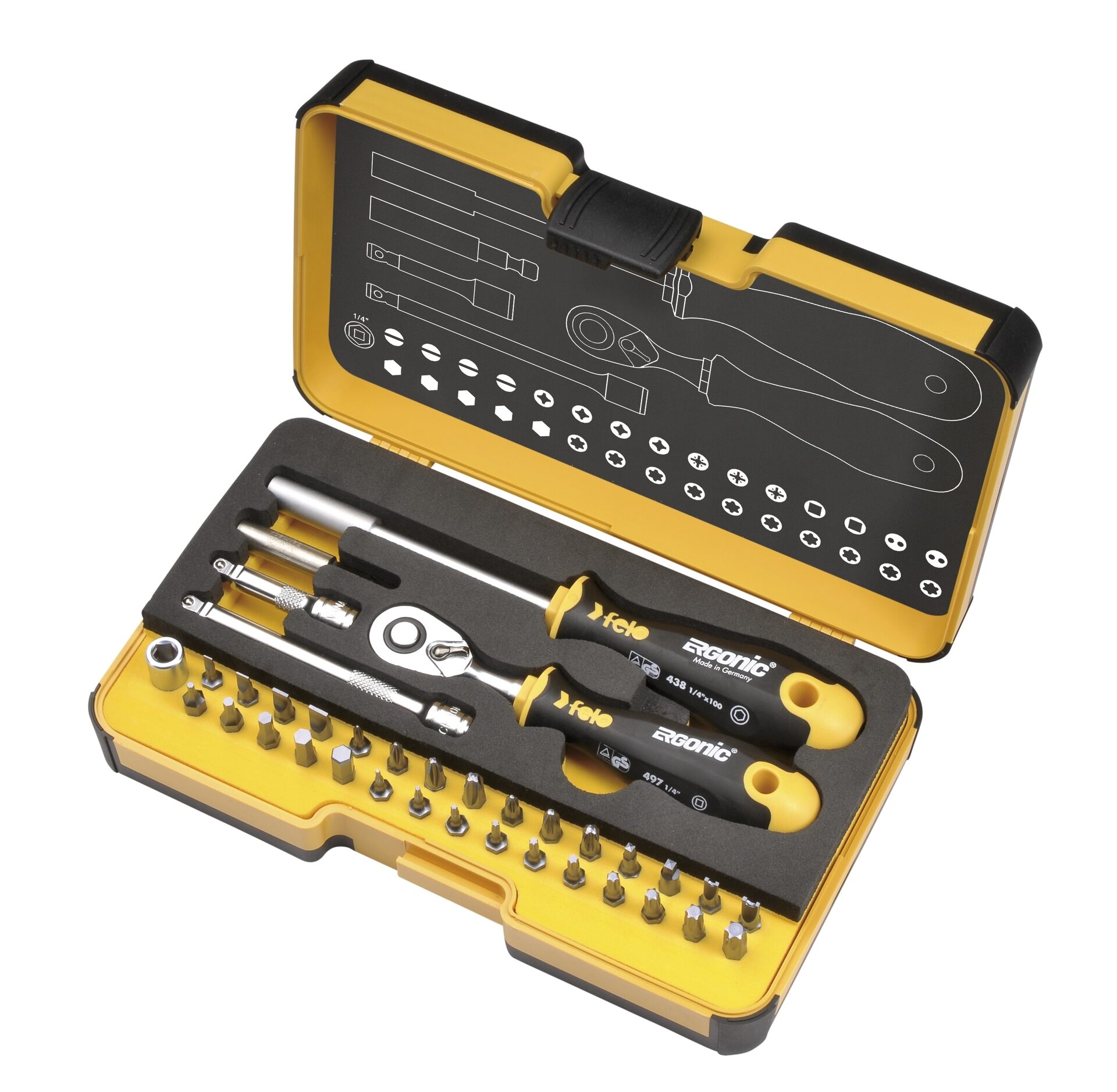 Felo Набор бит SL/HEX/PH/PZ/Tx/SQ/SPANNER/BH/MS с трещоткой и отвертка с держателем бит ERGONIC в кейсе, 36 шт 05783606 фото