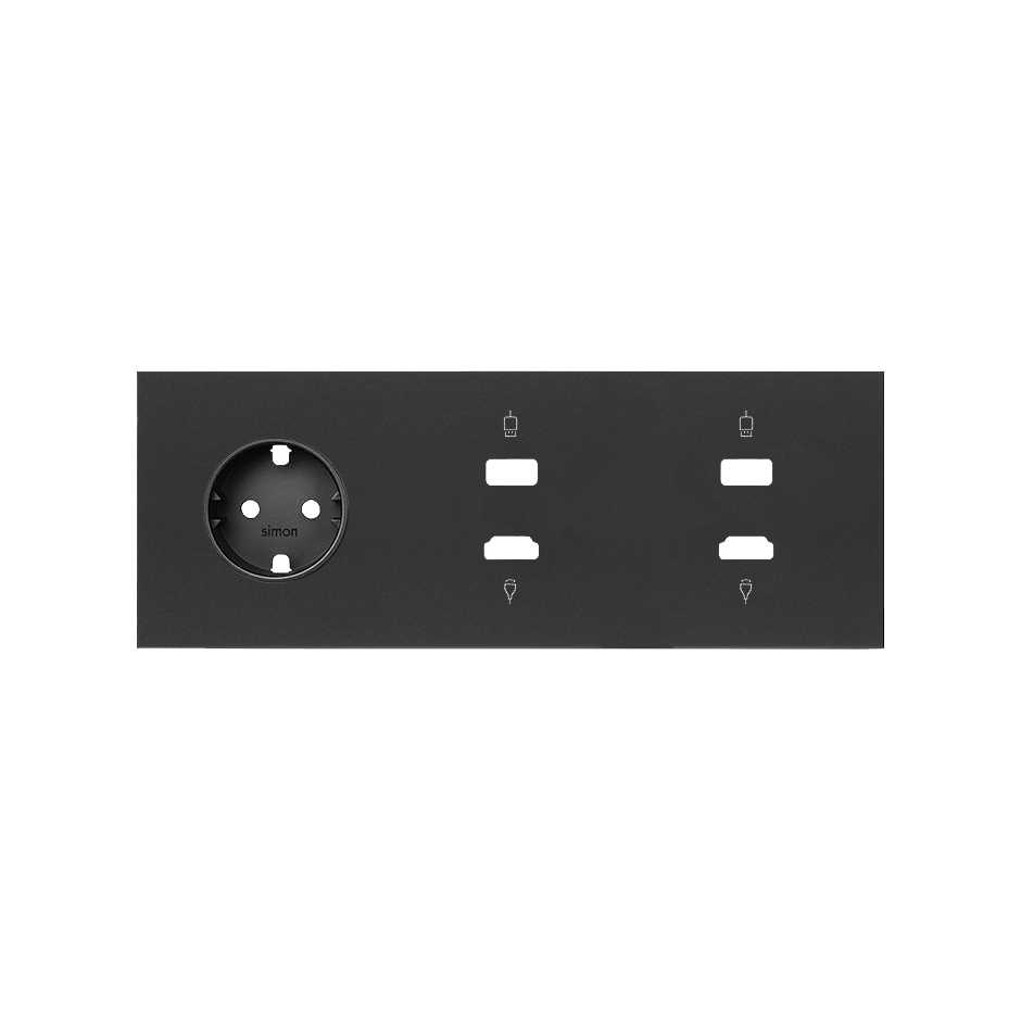 Simon 100 Черный матовый Кит 3 поста, фронт. Накладка на 1 розетку Schuko + 2 розетки HDMI + 2 розетки USB фото