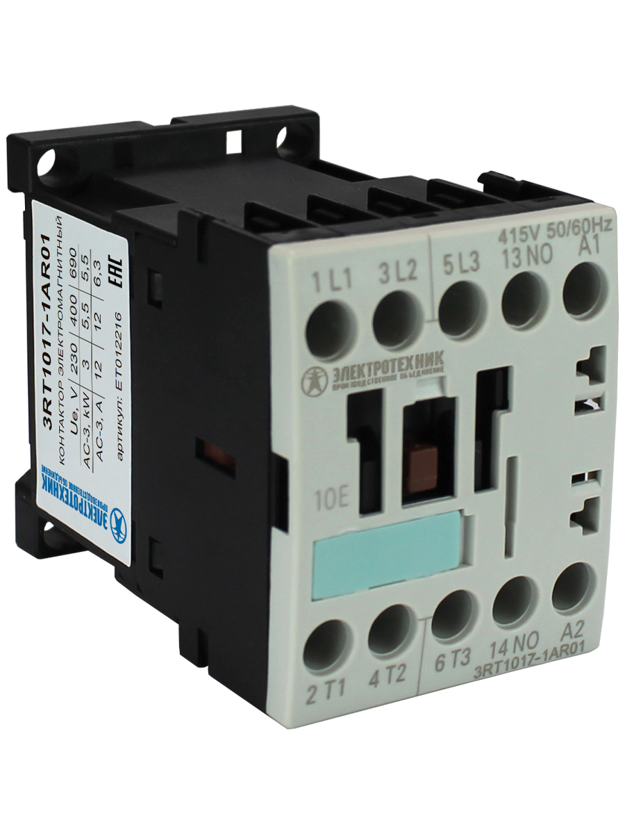 Электротехник 3RT1017-1AR01, 3-пол., 12A, AC-3, 5,5кВт/400V, 1НО, 415V AC, 50/60Гц, типоразмер S00, винтовые клеммы, IP20, контактор электромагнитный фото