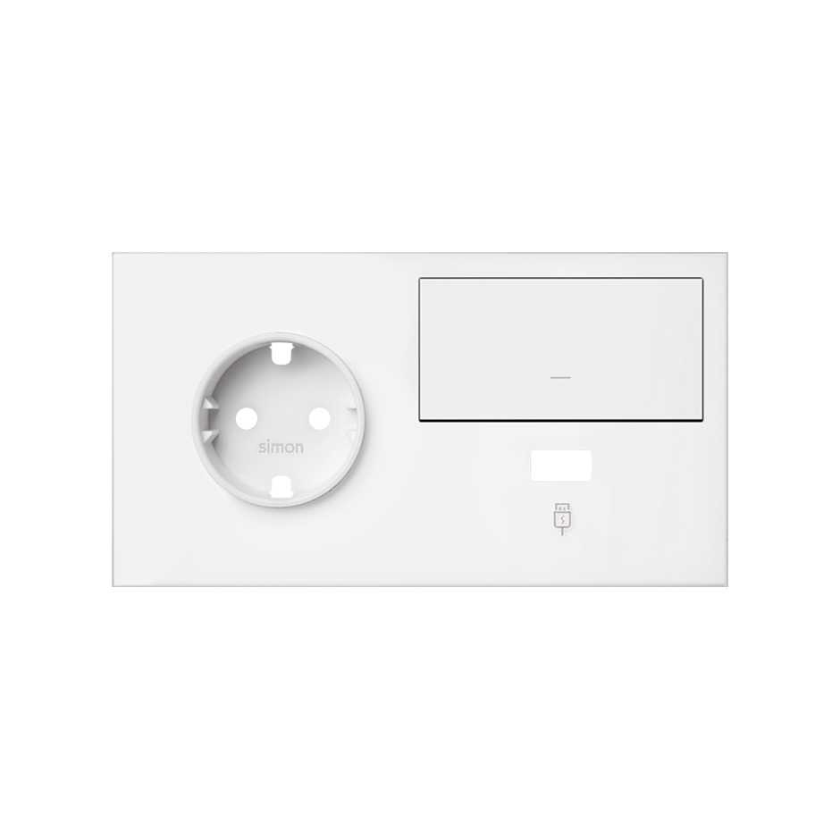 Simon 100 Белый матовый Кит 2 поста, фронт. Накладка на 1 розетку Schuko (слева) + 1 з/у USB SC + 1 клавиша выключателя фото
