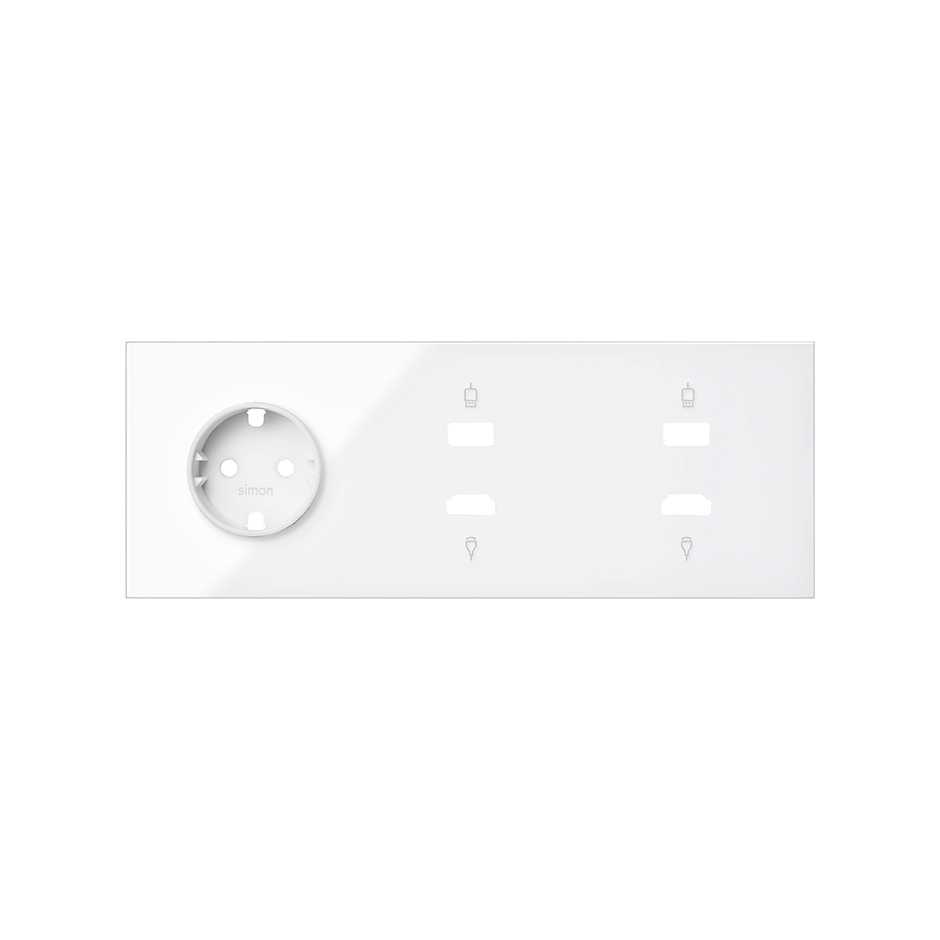 Simon 100 Белый глянец Кит 3 поста, фронт. Накладка на 1 розетку Schuko + 2 розетки HDMI + 2 розетки USB фото