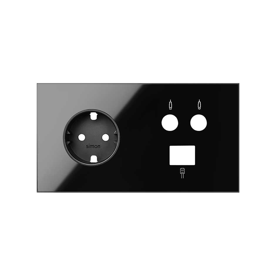 Simon 100 Черный глянец Кит 2 поста, фронт. Накладка на 1 розетку Schuko + 1 розетку TV + 1 розетку RJ45 фото