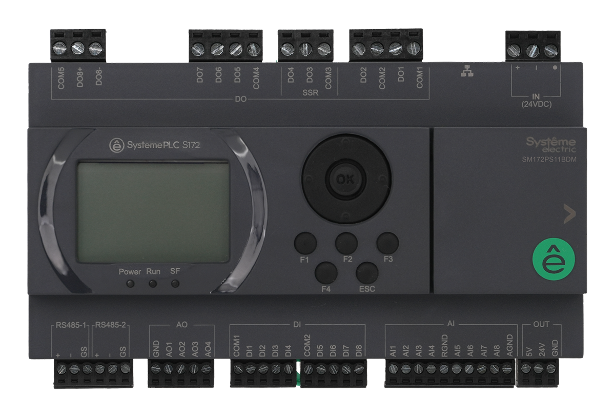 Systeme Electric ПЛК S172; 24 VDC; дисплей; 28 IO: 8 DI, 8 DO (6 реле, 2 SSR), 8 AI, 4 AO, 2xRS485, 1xRJ45 фото