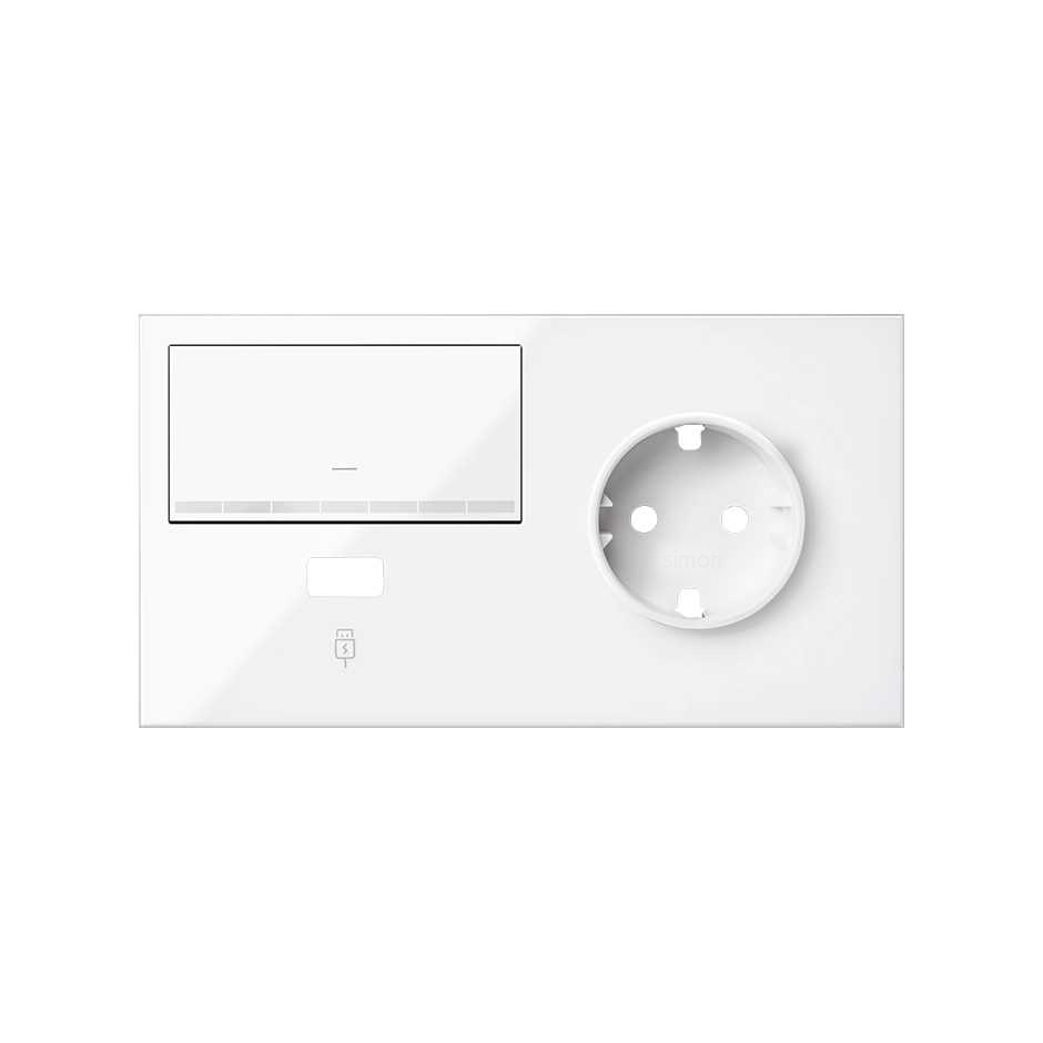 Simon 100 Белый глянец Кит 2 поста, фронт. Накладка на 1 розетку Schuko (справа) + 1 з/у USB SC + 1 клавиша светорегулятора фото