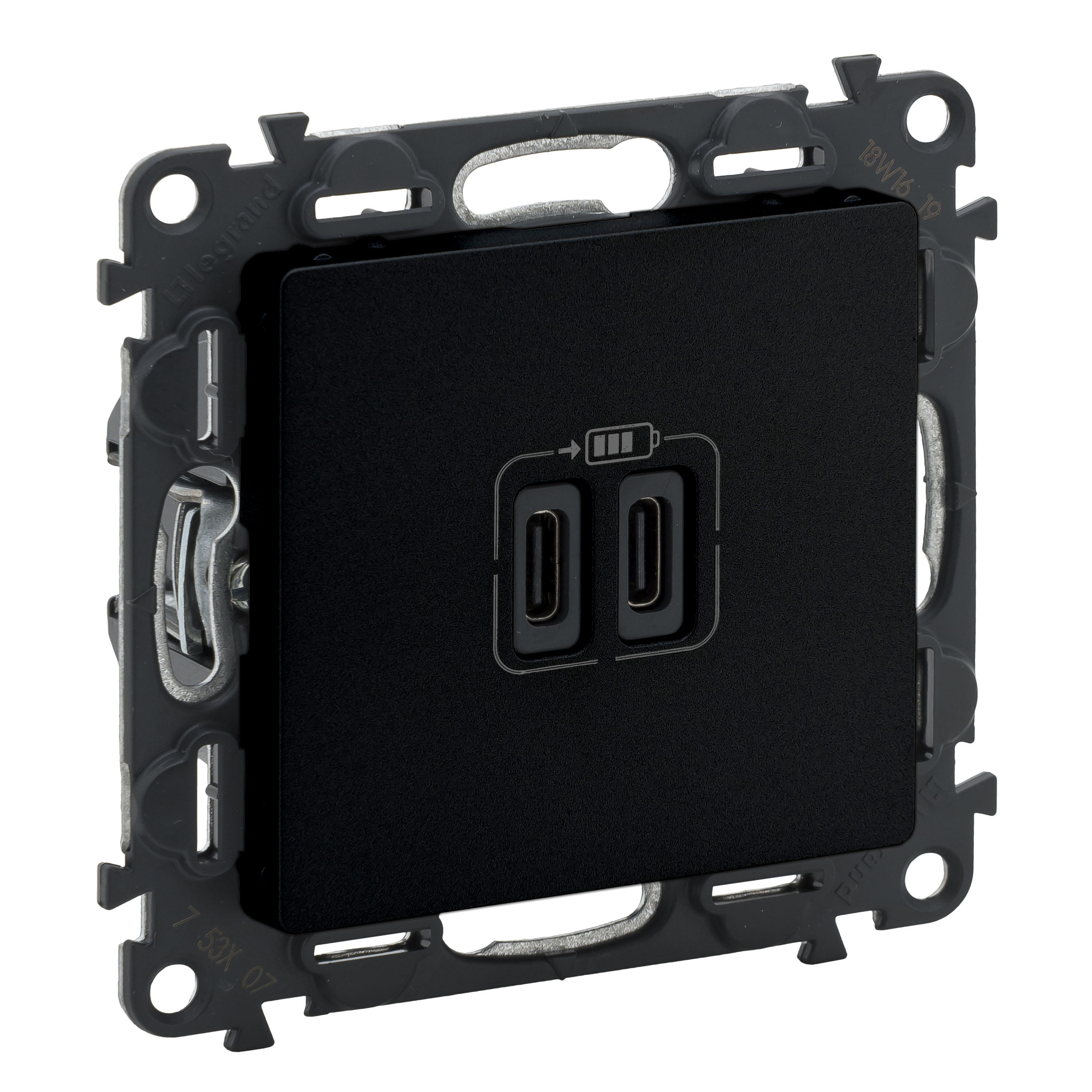 Legrand Valena LIFE Black. Зарядное устройство с двумя USB-разьемами тип C-тип С 240В/5В 3000мА. С лицевой панелью. Цвет Антрацит.. фото