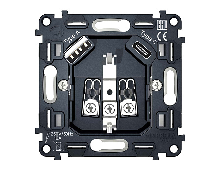 Ambrella Volt Механизм электрической розетки 2USB A+C 20W (быстрая зарядка) с заземлением на винтовых зажимах 16A-250V QUANT VM160 фото