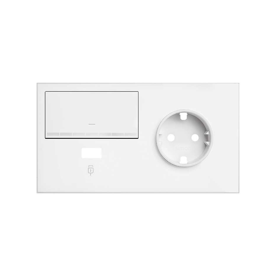 Simon 100 Белый матовый Кит 2 поста, фронт. Накладка на 1 розетку Schuko (справа) + 1 з/у USB SC + 1 клавиша светорегулятора фото