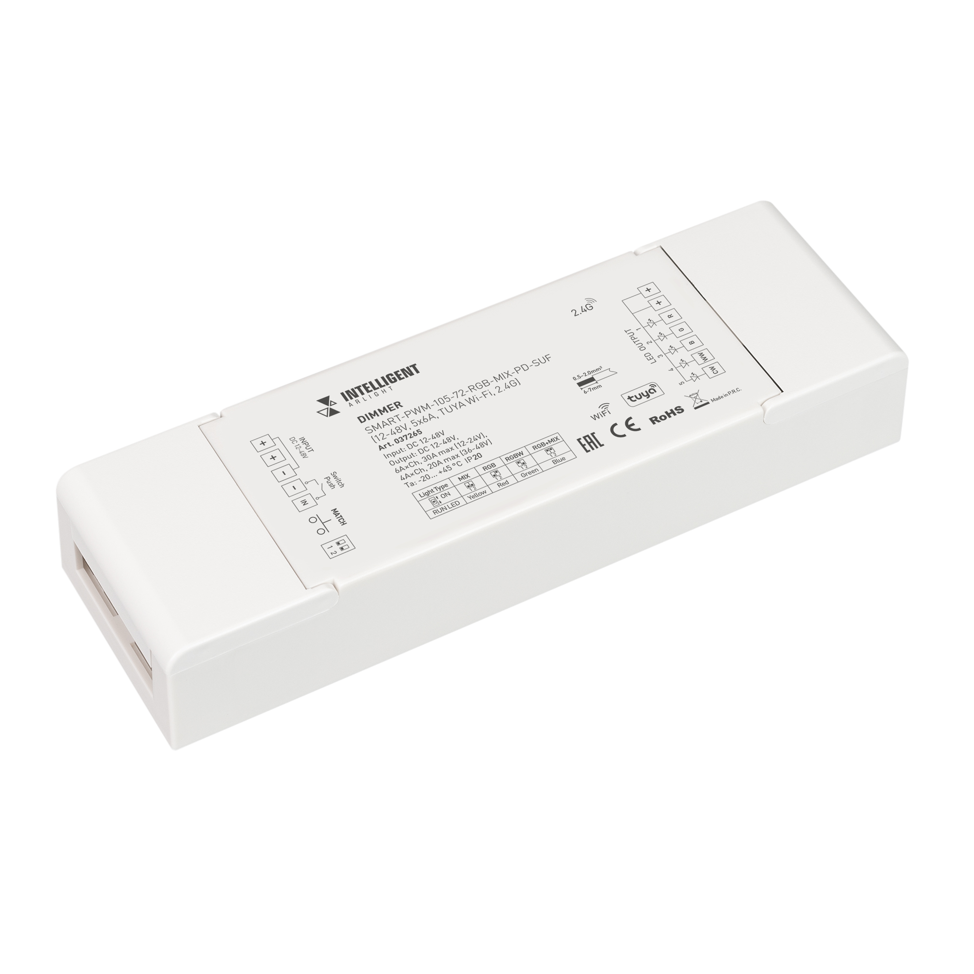 Arlight INTELLIGENT ARLIGHT Диммер SMART-PWM-105-72-RGB-MIX-PD-SUF (12-48V, 5x6A, TUYA Wi-Fi, 2.4G) (IARL, IP20 Пластик, 5 лет) фото