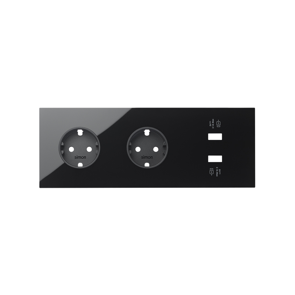 Simon 100 Черный глянец Кит 3 поста, фронт. Накладка на 2 розетки Schuko + 2 з/у USB SC фото