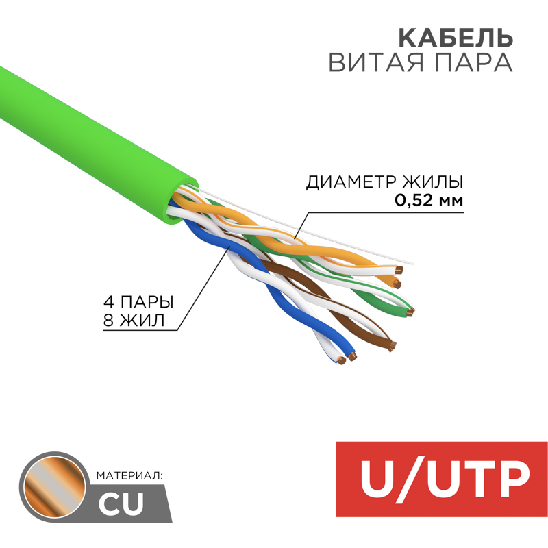Кабель витая пара U/UTP 24AWG CAT5e, нг(А)-LSLTx, 4х2х0,52, INDOOR, SOLID, зеленый, 305м Rexant. фото