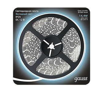 Gauss Лента LED 5050 -SMD 14.4W 12V DC холодный белый (блистер 5м) фото