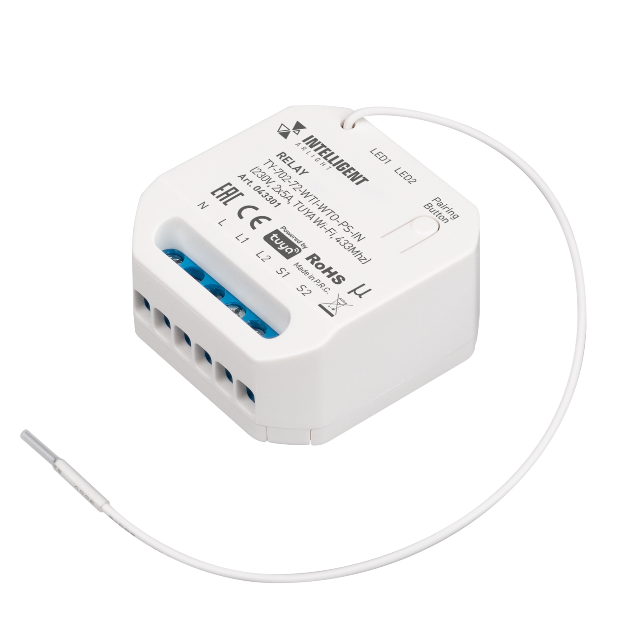 Arlight INTELLIGENT ARLIGHT Релейный модуль TY-702-72-WTI-WTO-PS-IN (230V, 2x5A, TUYA Wi-Fi, 433Mhz) (IARL, IP20 Пластик, 3 года) фото