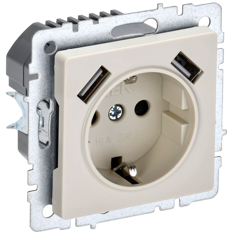 IEK BRITE BASE Бежевый Розетка с з/к/ш 16А с USB A+A 3,1А РЮш10-2-БрКр фото