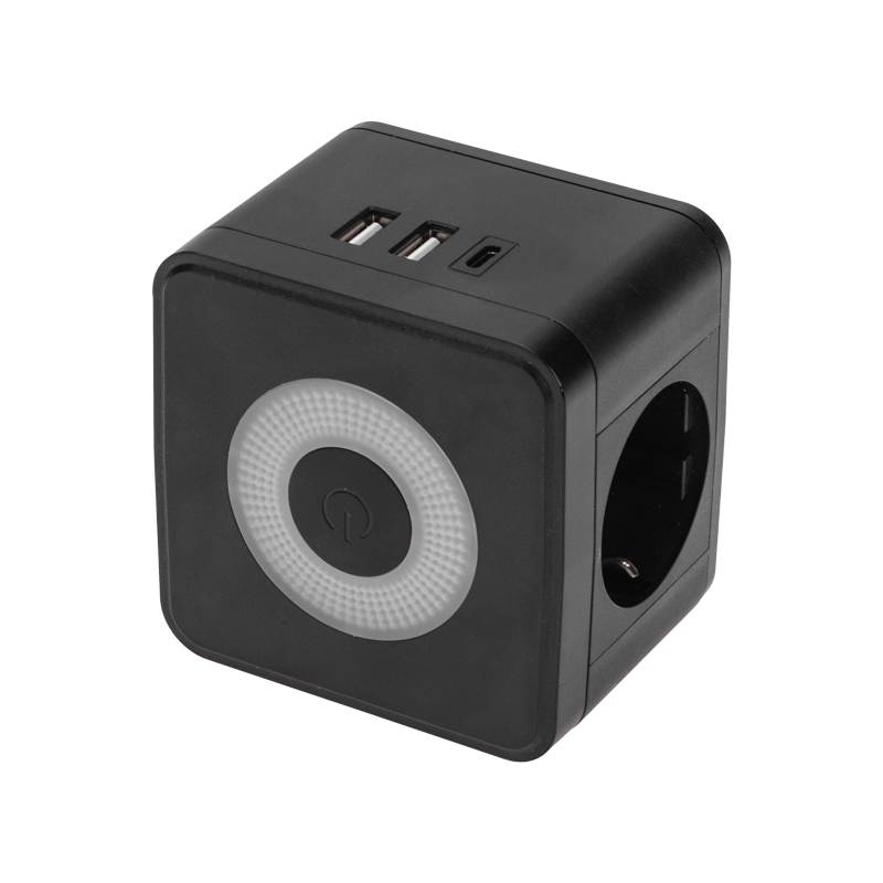 REXANT Двойник электрический Куб 16А с/з, 2 разъема USB-A 2,4А, 1 разъем USB-C 3А, с ночной подсветкой, черный фото