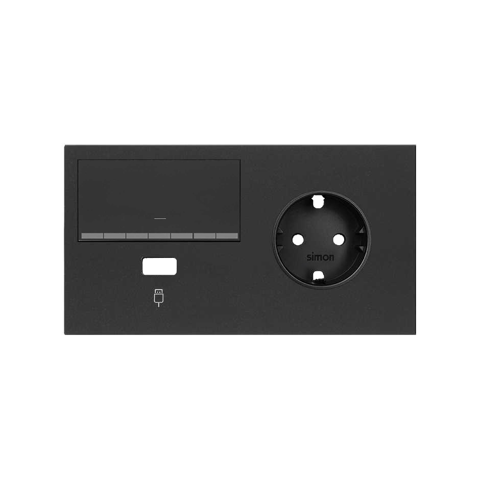 Simon 100 Черный матовый Кит 2 поста, фронт. Накладка на 1 розетку Schuko (справа) + 1 з/у USB SC + 1 клавиша светорегулятора фото