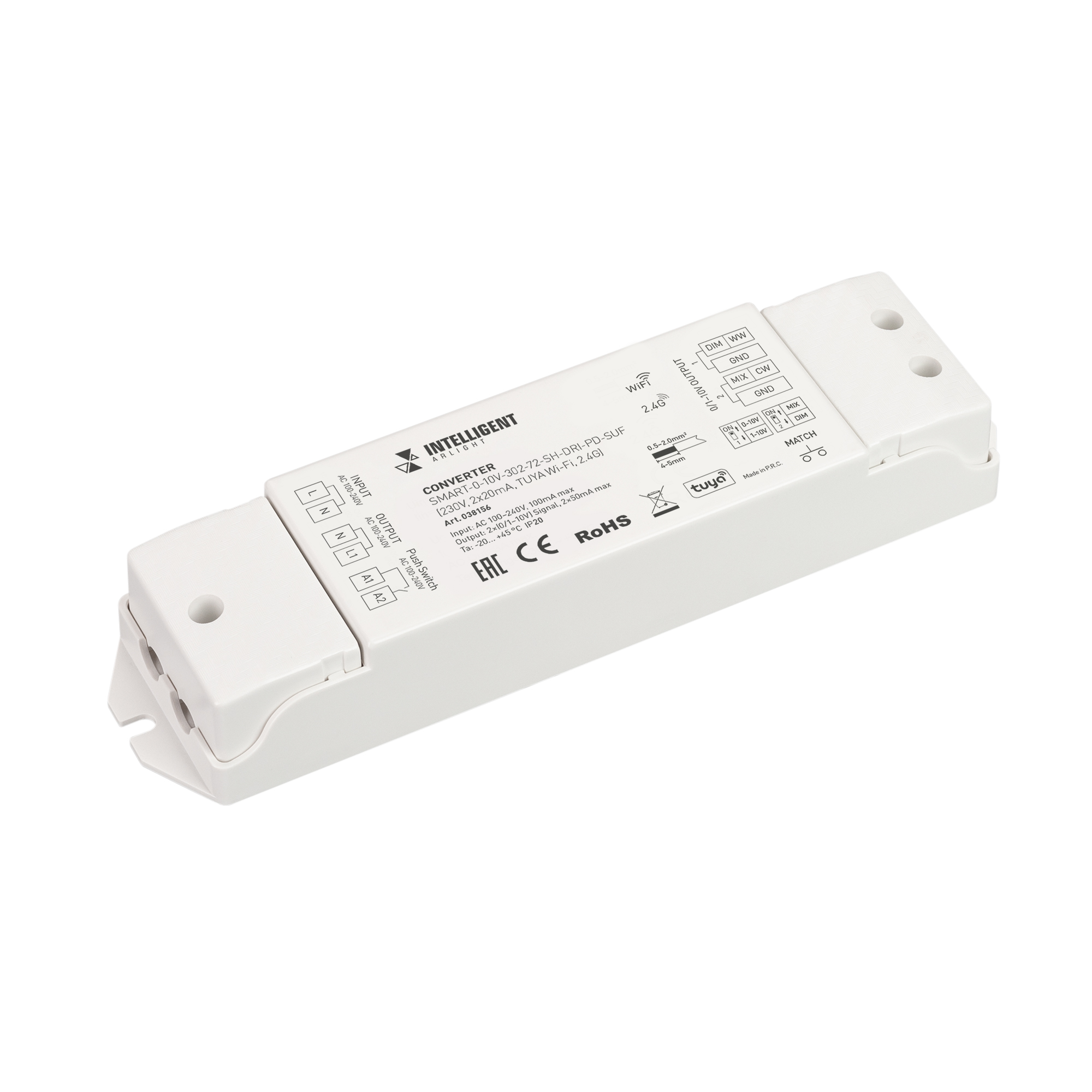Arlight INTELLIGENT ARLIGHT Конвертер SMART-0-10V-302-72-SH-DRI-PD-SUF (230V, 2x20mA, TUYA Wi-Fi, 2.4G) (IARL, IP20 Пластик, 5 лет) фото