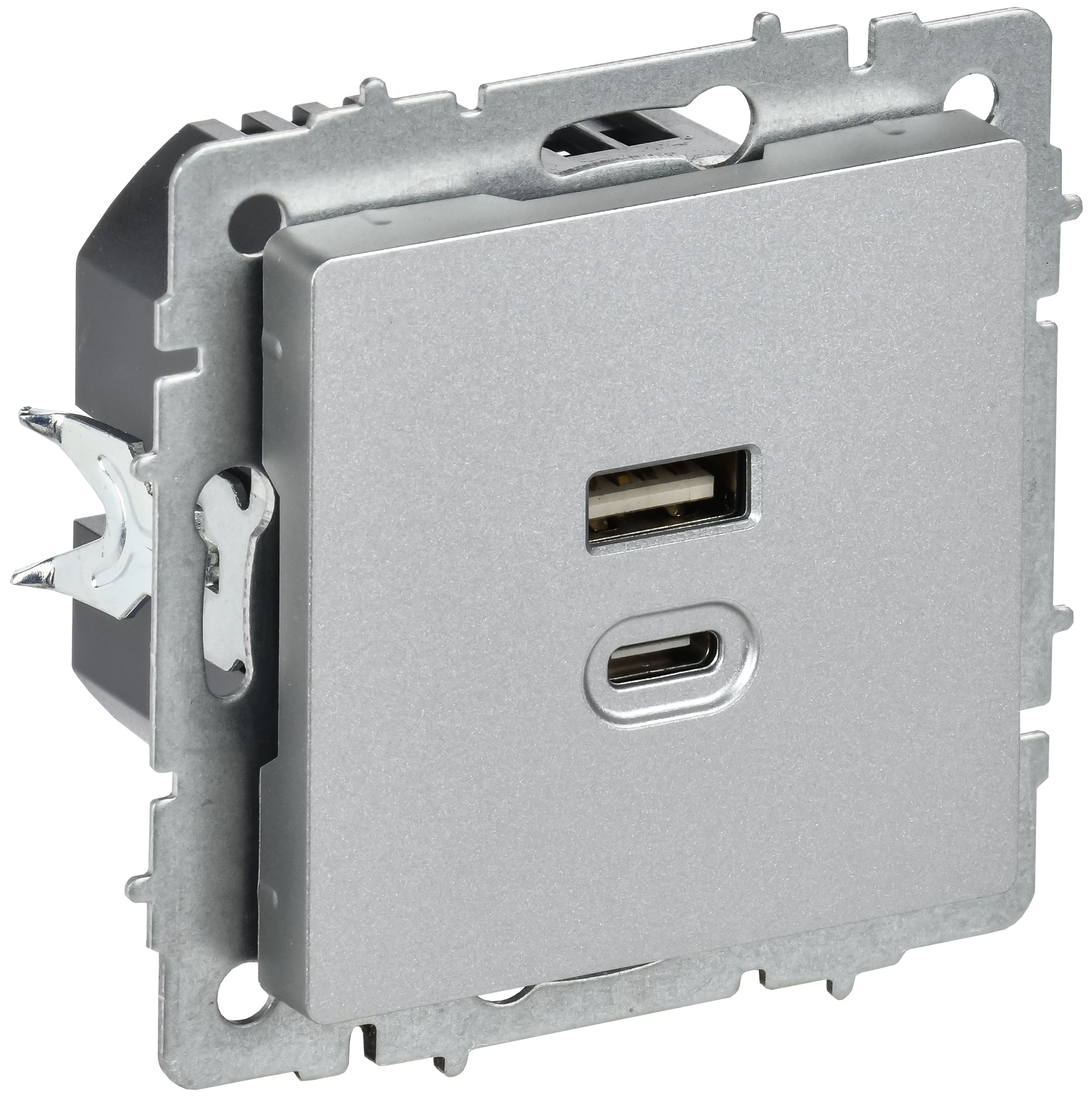 IEK BRITE Роз. USB A+C 45Вт высокоск. зар. РЮ11-2-БрА алюм. фото