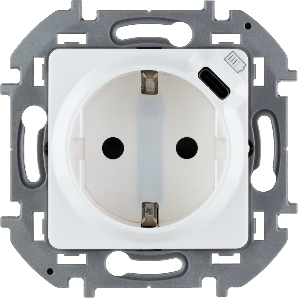 Legrand/Daccord INSPIRIA Белый Розетка 2К+З немецкий стандарт 16А 250В со встроенным зарядным устройством USB C 1.5А 5В. фото