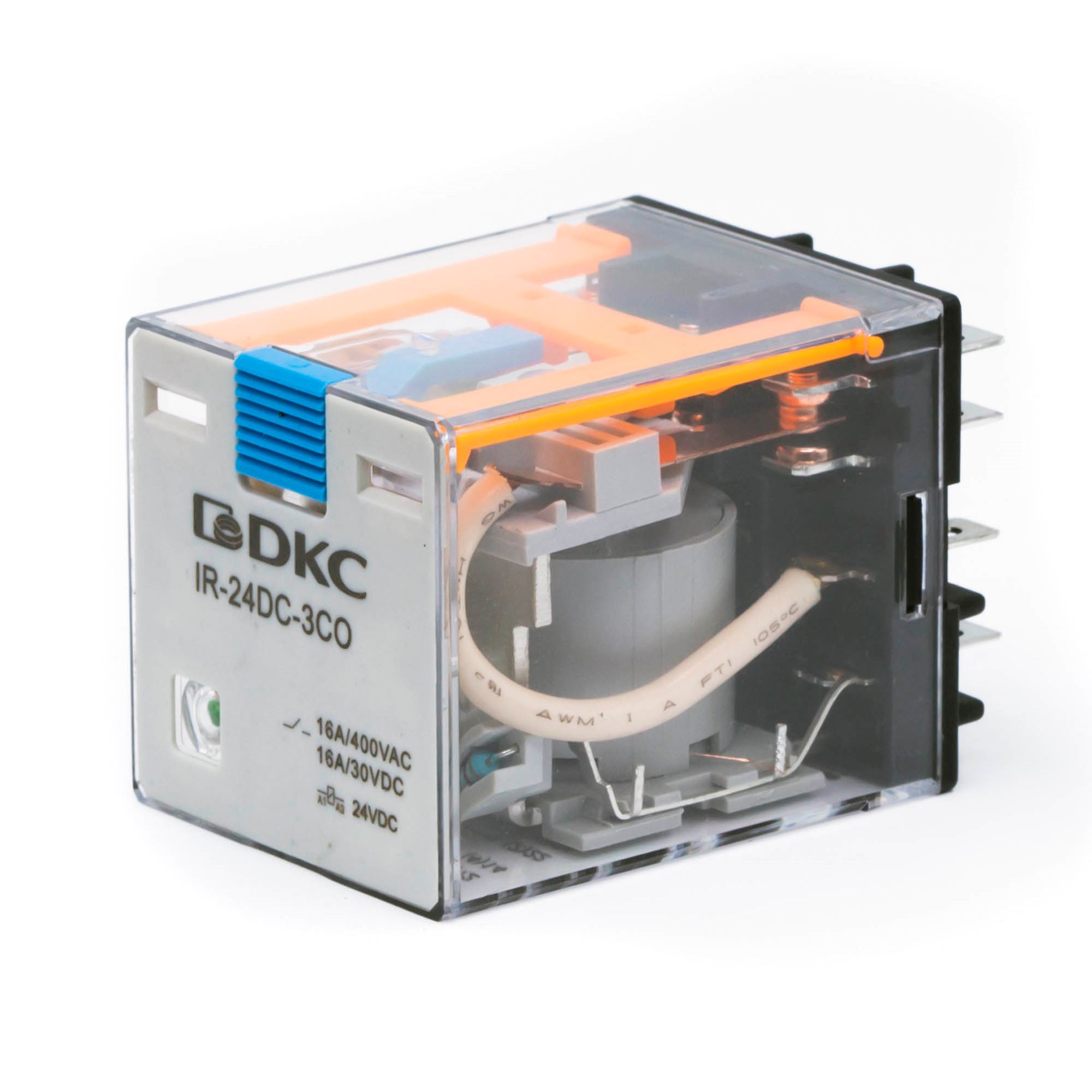DKC Реле миниатюрное силовое, 3CO, ком. ток 16А, AgSnO2, напряжение 12V DC, опция: тест-кнопка+светодиод+защитный диод фото