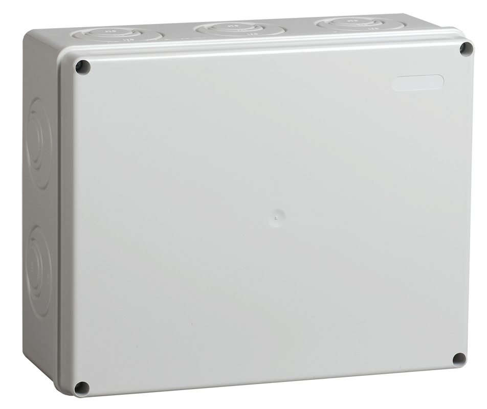 IEK Коробка КМ41342 распаячная для о/п 240х195х90 мм IP55 (RAL7035, монт. плата, кабельные вводы 5 шт) фото