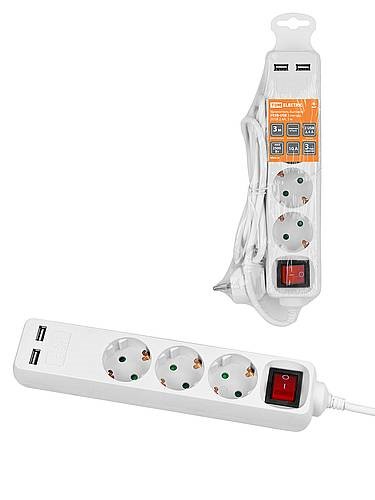 TDM Удлинитель бытовой  У03В-USB 3 гнезда, 2USB 2,4А, 3 м, вык., з/к, ПВС 3х0,75мм2 10А/250В белый фото
