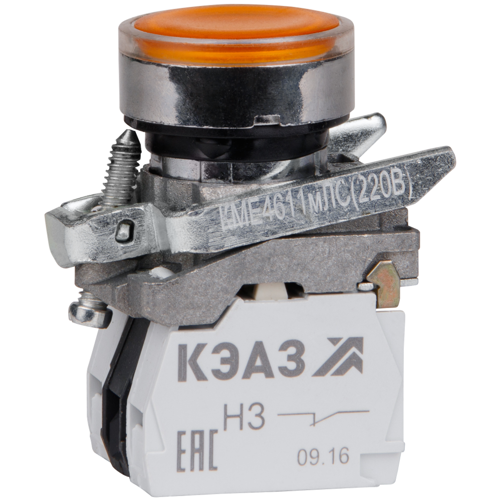 КЭАЗ Кнопка КМЕ4611мЛС-220В-желтый-1но+1нз-цилиндр-индикатор-IP65. фото