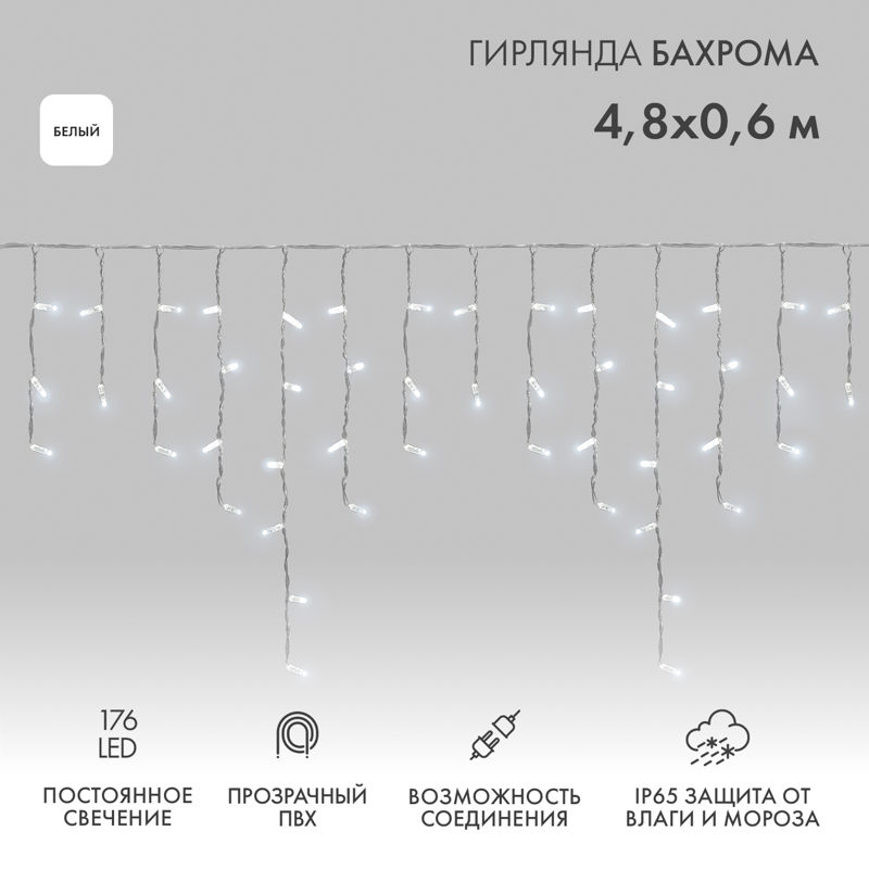 NEON-NIGHT Гирлянда Айсикл (бахрома) светодиодный, 4,8 х 0,6 м, прозрачный провод, 230 В, диоды белые, 176 LED фото