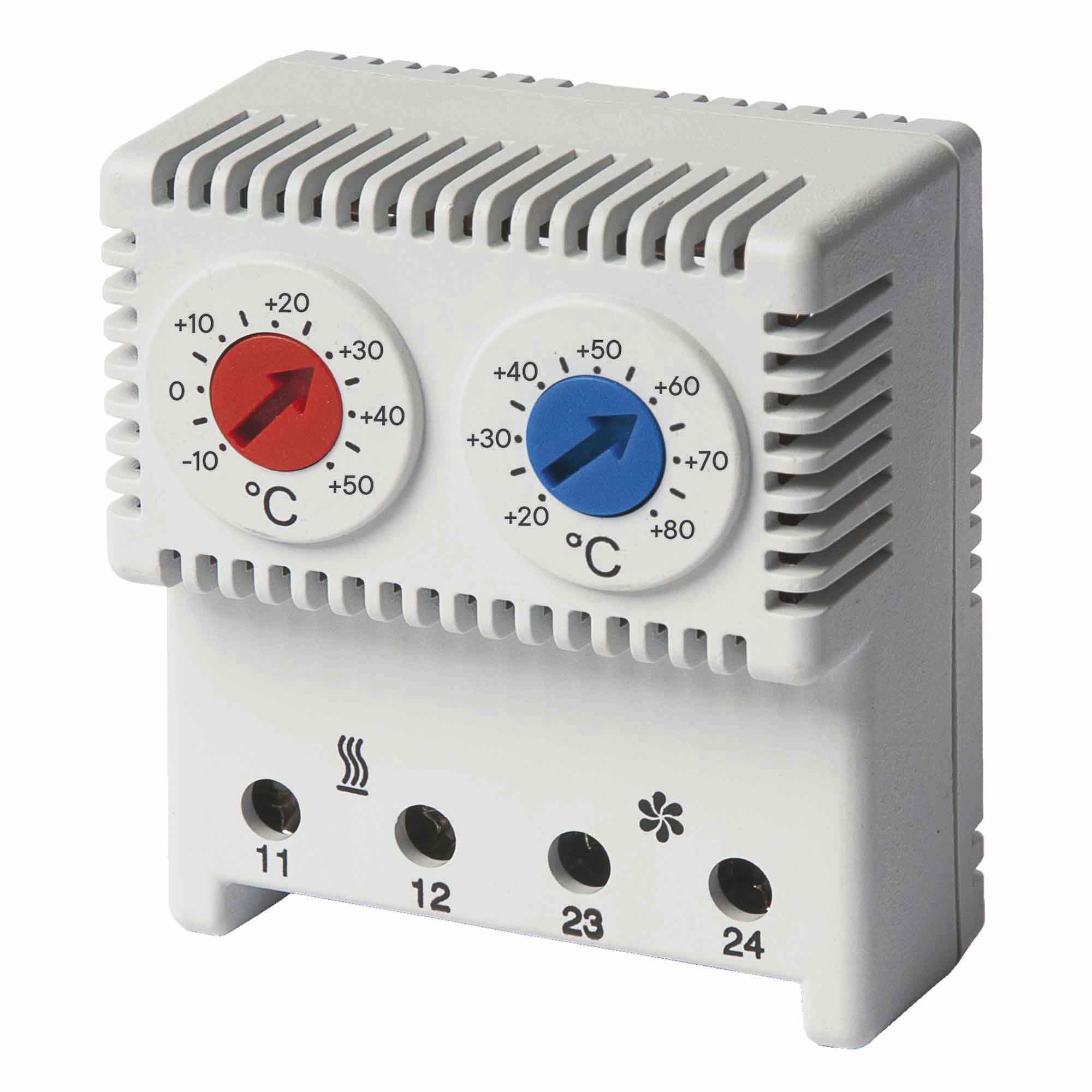 DKC Сдвоенный термостат с регулируемыми диапазонами температуры -10…+50°C,  NС-контакт, +20…+80°C, NO-контакт фото