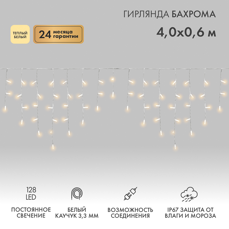 NEON-NIGHT Гирлянда Айсикл (бахрома) светодиодный, 4,0 х 0,6 м, белый провод 