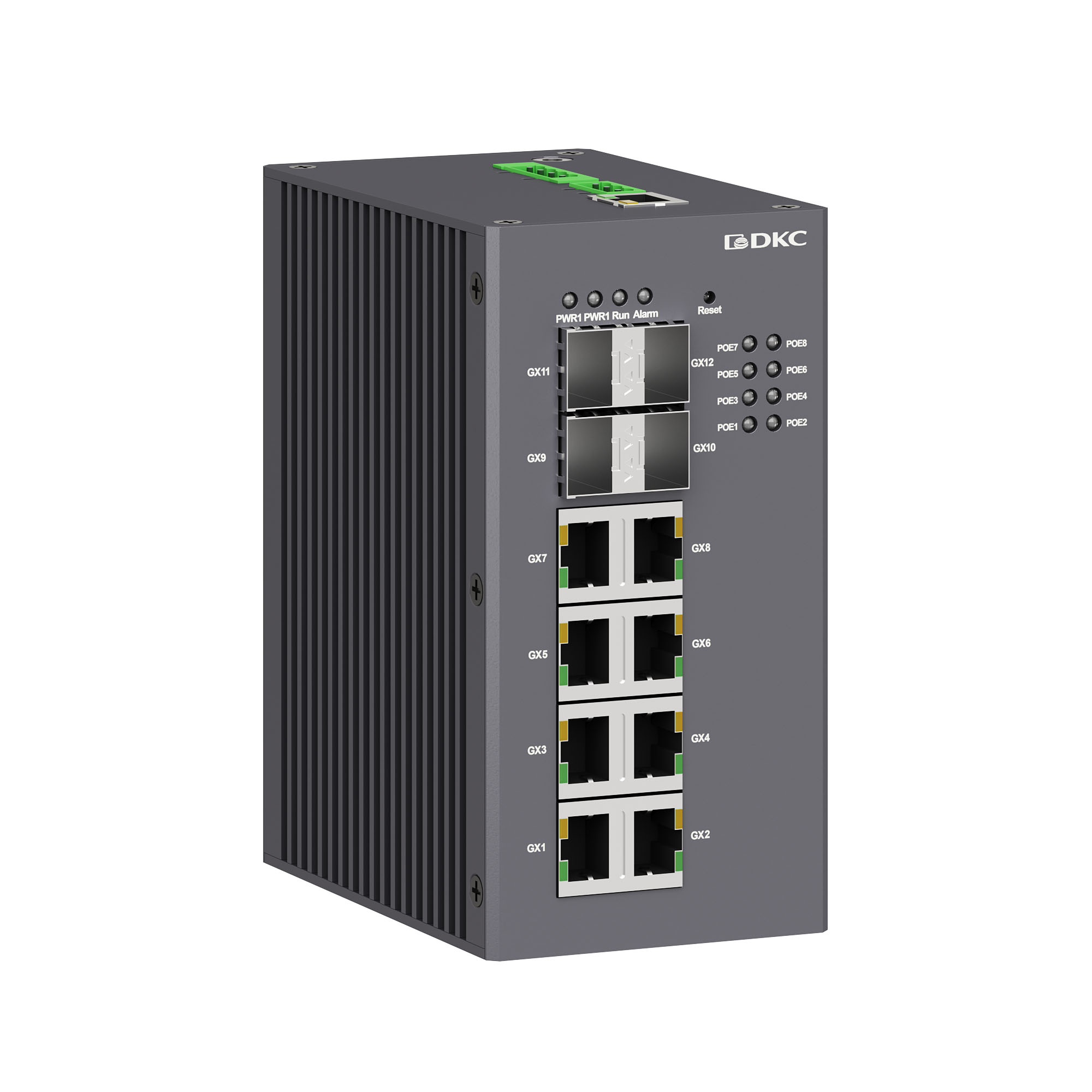 DKC Промышленный управляемый коммутатор, с поддержкой PoE, 4×100Base-X, 1000Base-X, 10/100/1000Base-T(X) SFP слота: 8×10/100/1000Base-T(X) RJ45 PoE по фото