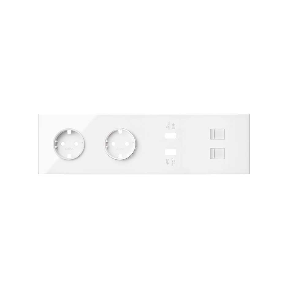 Simon 100 Белый глянец Кит 4 поста, фронт. Накладка на 2 розетки Schuko + 2 з/у USB SC + 2 розетки RJ45 фото