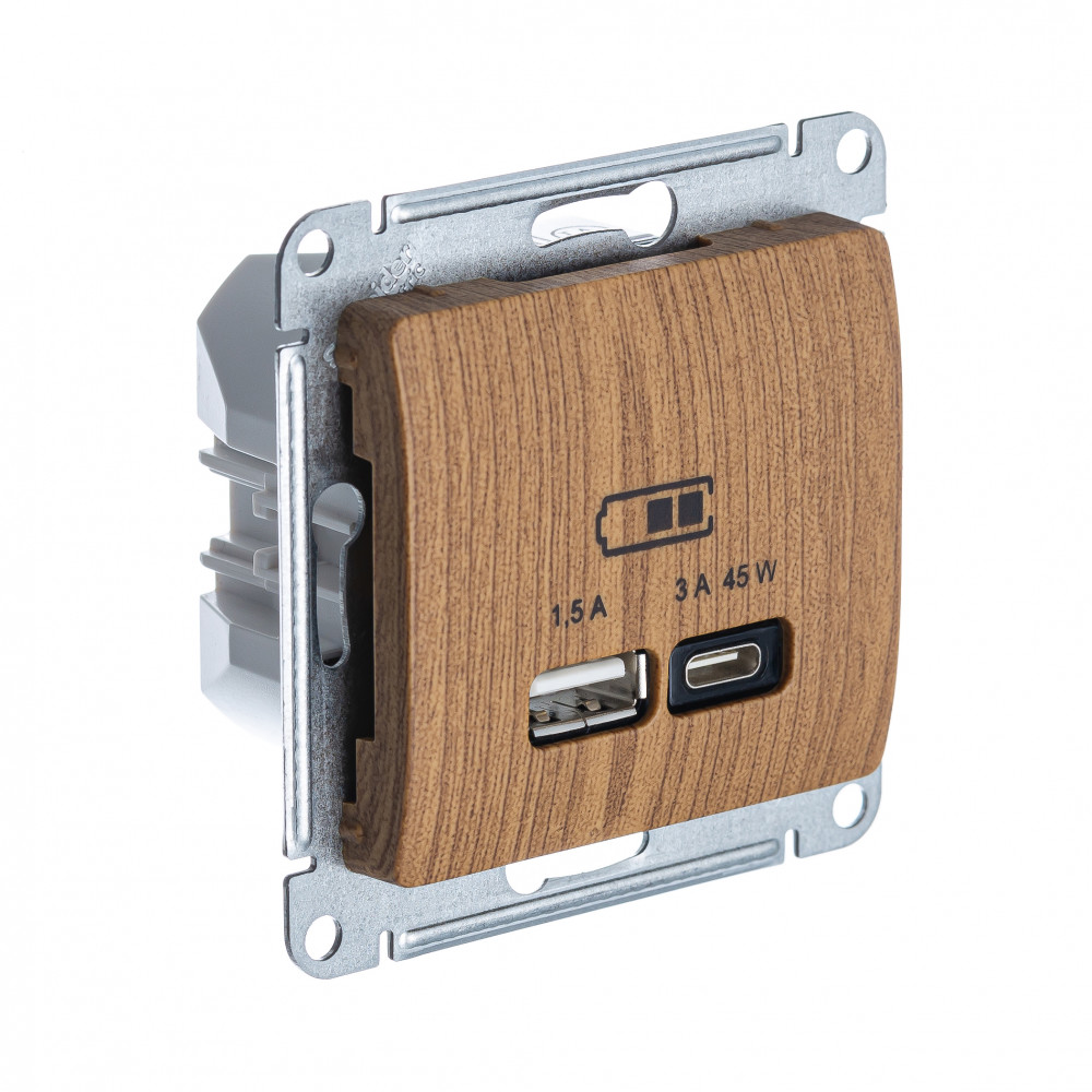 Systeme Electric Glossa Дерево Дуб USB Розетка A + тип-C 45W высокоскор.заряд. QC, PD, мех. фото