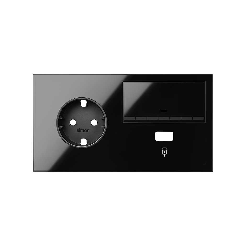 Simon 100 Черный глянец Кит 2 поста, фронт. Накладка на 1 розетку Schuko (слева) + 1 з/у USB SC + 1 клавиша светорегулятора фото