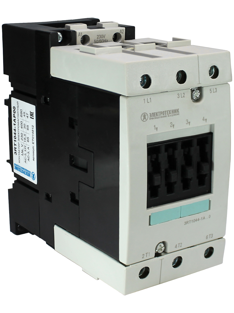 Электротехник 3RT1044-1AP00, 3-пол., 65A, AC-3, 30кВт/400V, 230V AC, 50/60Гц, типоразмер S3, винтовые клеммы, IP20, контактор электромагнитный  (ЭТ) фото