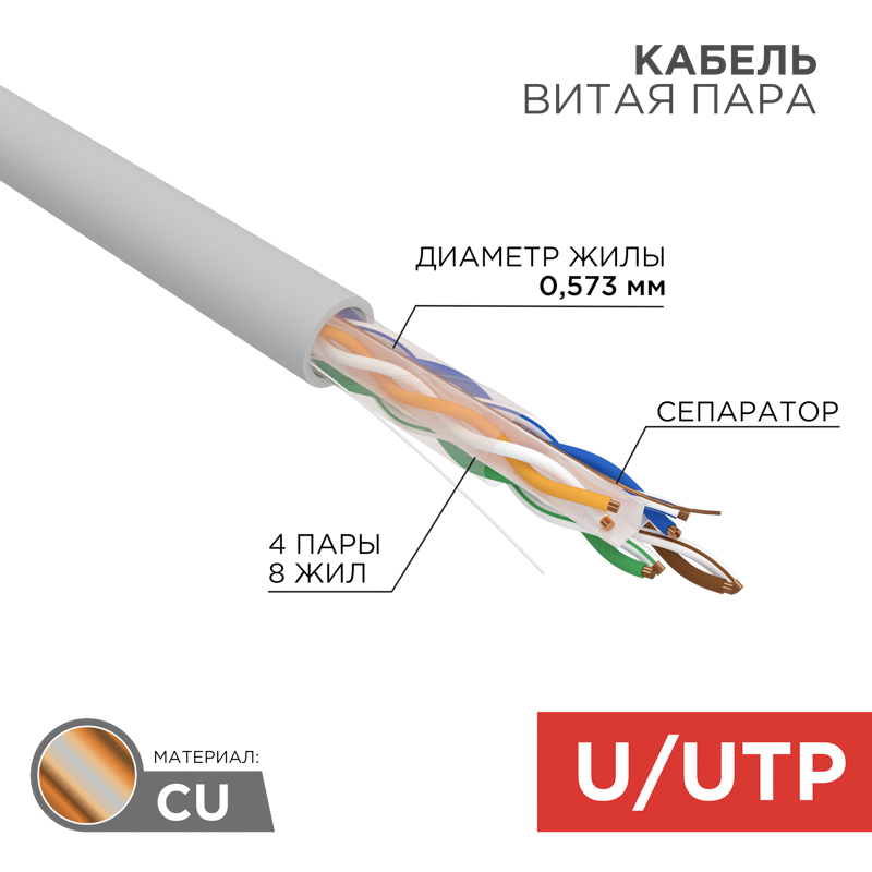 REXANT Кабель витая пара U/UTP, CAT 6, LSZH нг(А)-HF, 4PR, 23AWG, INDOOR, SOLID, серый, 305 м, фото
