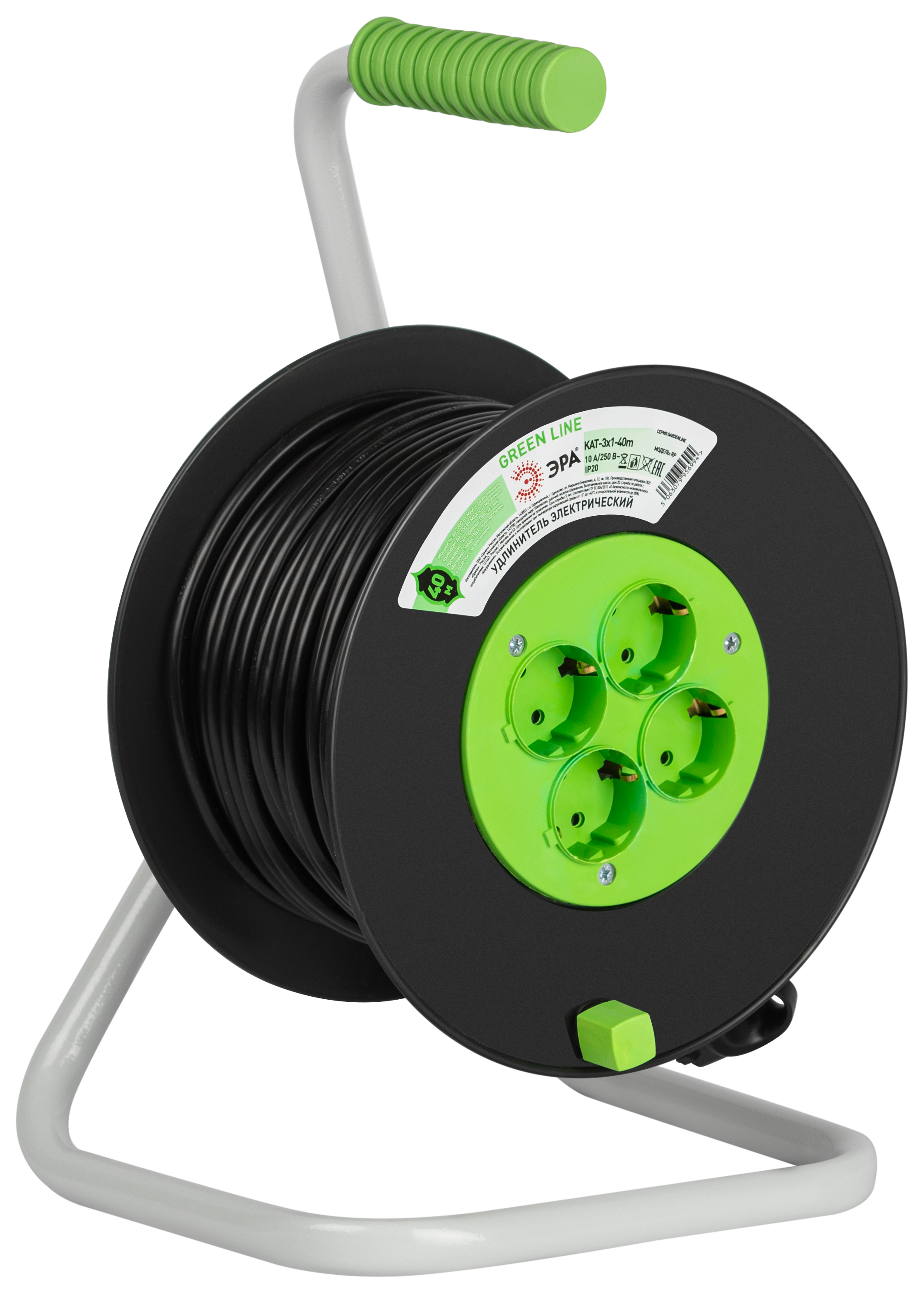 ЭРА Удлинитель силовой GREEN LINE KAT-3x1-40m Greenline на катушке пластик 4 розетки с заземлением 40м ПВС 3x1мм2 фото