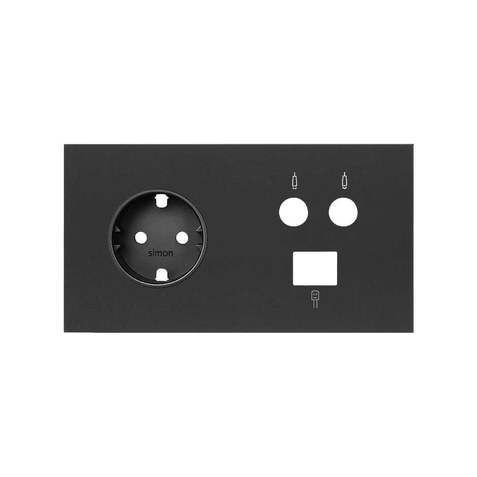 Simon 100 Черный матовый Кит 2 поста, фронт. Накладка на 1 розетку Schuko + 1 розетку TV + 1 розетку RJ45 фото