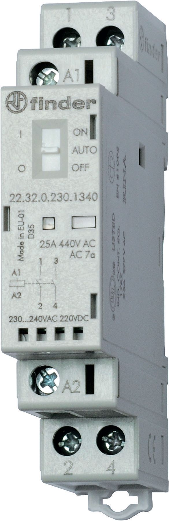 Finder Модульный контактор; 2NC 25А; контакты AgSnO2; катушка 230В АС/DC; ширина 17.5мм; степень защиты IP20; опции: мех.индикатор + LED фото